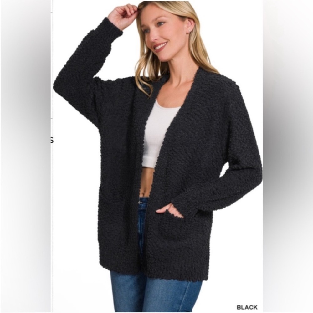 Zenana LONG SLEEVE POPCORN SWEATER CARDIGAN POCKETS Black XS